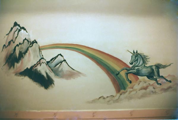 Unicorn mural for young teen on slanted wall