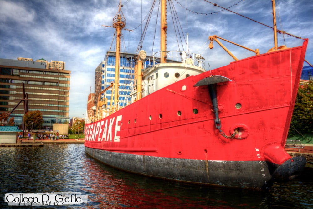 Closeup of nose of the bright red Chesapeake ship