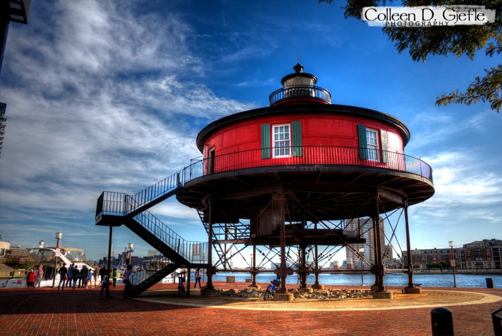 Red round lighthouse at Baltimore harbor